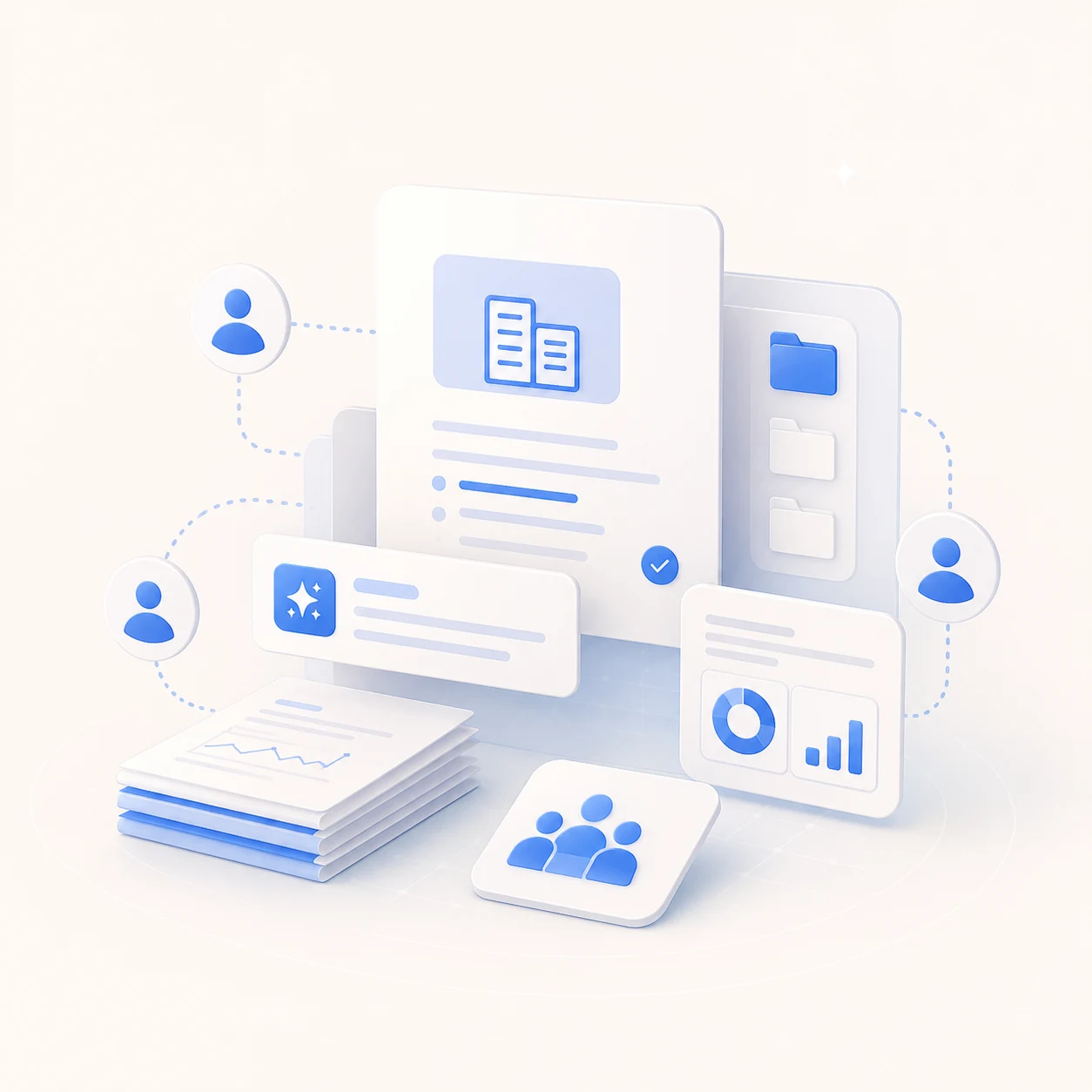 Business — desktop scene showing documents, folders, and small user icons in soft blues on a warm white background.