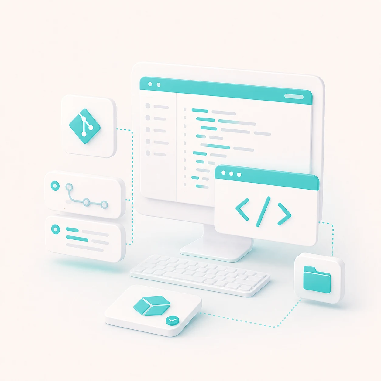 Developers — an editor window with code, folders, and a local server, in cyan tones.
