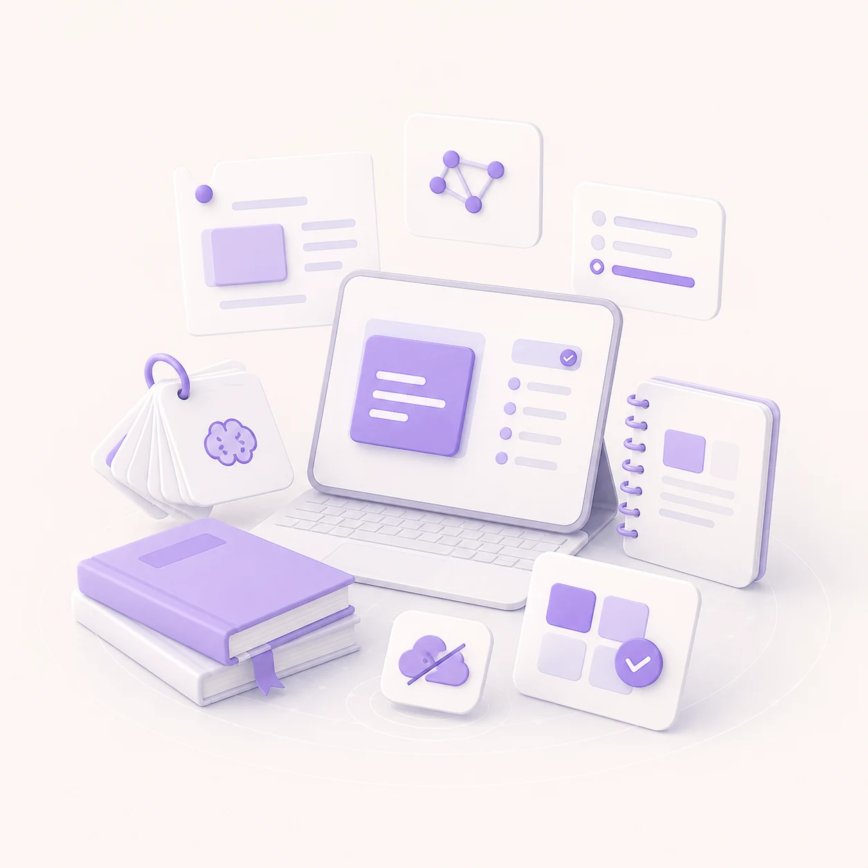 Students — a laptop with class notes and small learning icons.