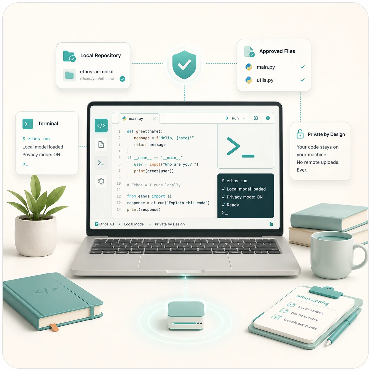 Illustration: a developer working at a local workstation with coding tools